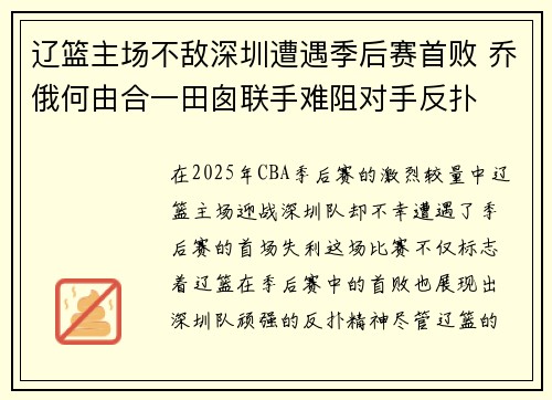 辽篮主场不敌深圳遭遇季后赛首败 乔俄何由合一田囱联手难阻对手反扑