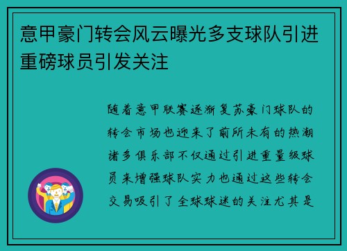 意甲豪门转会风云曝光多支球队引进重磅球员引发关注