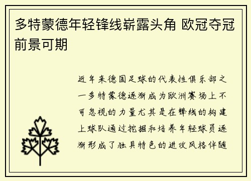 多特蒙德年轻锋线崭露头角 欧冠夺冠前景可期